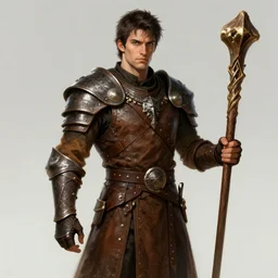 realistic portrait, 30 year old man, dark taint :: athletic, fantasy mage, medieval leather armour, brown cloth clothes, wooden staff :: high detail, digital art, RPG, concept art, illustration
