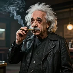 hipster albert einstein smoking a blunt, gta artstyle, wide shot, dramatic lighting, octane render, hyperrealistic, high quality, HD, cinematic