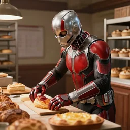 film still of Antman working in a bakery in the new Avengers movie, 4k