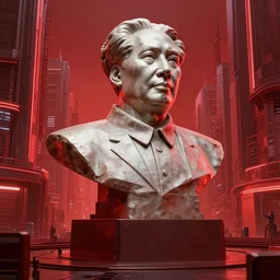 a hyper realistic digital art of mao zedong's sculpture in cyberfunkcity by lodovico di leonardo buonarroti di simoni, highly detailed, hyperrealism, digital art, artstation, concept art, detailed and intricate environment, ultrawide shot, red color scheme