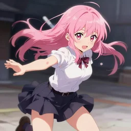 ”anime girl, pink hair, extremely beautiful, action shot, by Kurahana Chinatsu, trending on PixArt”