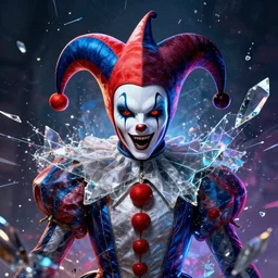 impressive ominous cinematic fine portrait photo of a court jester!! rigid shattered crystal shard glitch volumetric dynamic fluid simulation lighting impressive masterpiece hyper ultra detailed intricate sharp focus 8 k realistic illustration canon eos r 3 fujifilm x - t 3 0 sony alpha, by james gurney tooth wu artgerm colorful!!!, trending on artstation behance cgsociety stunning closeup