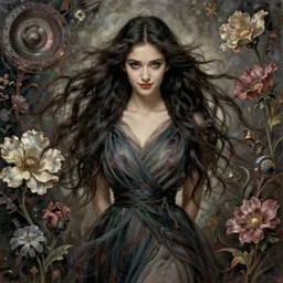 facial portrait of a young pretty woman in flowing dress, arrogant, mysterious, long fine flowing hair, delicate, looking at camera, slightly awkward smile, realistic face, hands behind back, stylish, elegant, grimdark fantasy, flowers, extremely detailed painting inspired by Gerald Brom and Ernst Haeckel and Kaluta