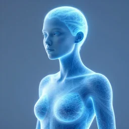 Female superhero with ethereal glowing blue skin with an intricate subsurface energy glow. Close-up side profile portrait. She is an attractive human Greek woman with an aquiline nose a strong jawline. Facing left, looking down. Weta Digital. Animal Logic. Industrial Light & Magic. MANUKA renderer.