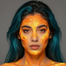 portrait of beautiful dominican woman with flesh made of bright orange and yellow magma and fire with dark turquoise hair with black roots, eyes made of fire, prominent brow, silver frame glasses, smallchested, galaxy outfit, confetti in the sky on a hexagon shape, art by j scott campbell, vfx, sharp details