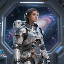 portrait armored astronaut girl,  inside spaceship command room viewing galaxy, ssci-fi neon light and fantasy, intricate and very very beautiful and elegant, highly detailed, digital painting, artstation, concept art, smooth and sharp focus, illustration, art by tian zi and WLOP and alphonse mucha