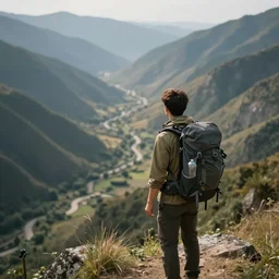 a backpacking guy looks over the valleys, hiking, soft lighting, nature, photography