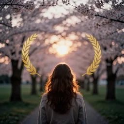 symmetry!! a 2 8 mm macro photo from the back of a woman in front of a blooming cherry tree, seen from a distance, splash art, movie still, bokeh, canon 5 0 mm, cinematic lighting, dramatic, film, photography, golden hour, depth of field, award - winning, anamorphic lens flare, 8 k, hyper detailed, 3 5 mm film grain
