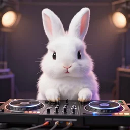 super cute fluffy white bunny rabbit DJing with DJ turntables, photoreal