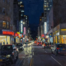 city streetscape, dark road with some cars, people at night, tall buildings with shops below at street level, neon lights above shops, headlights and stop lights illuminating surroudings, abstract oil painting