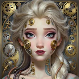 symmetry! elsa jean, machine parts embedded into face, tubes and cables, intricate, elegant, highly detailed, digital painting, artstation, concept art, smooth, clockwork, sharp focus, illustration, art by artgerm and greg rutkowski and alphonse mucha, 8 k