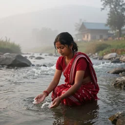 a beautiful nepali village girl bathing in the river, early foggy morning, canon eos photography, 4k