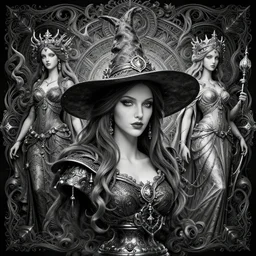 a black and white high quality photo of a female witch bust, the fates, hyper detailed, flowing psychedelic background intricate and detailed, ornate 8 k gorgeous intricate detailed, octane render