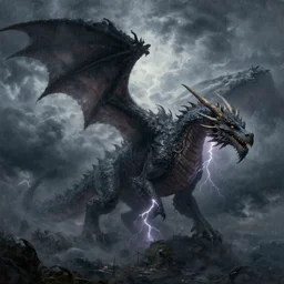 concept art, of a giant dragon made of dark clouds, thunderstom, rain, medieval, dark concept art, dark skies painting by wlop, nixeu and greg rutkowski, beautiful, semirealism, artstation, octane render, oil painting, sharpness, 8 k, golden ratio