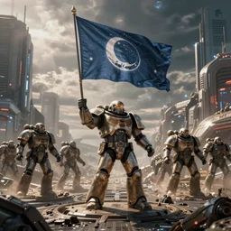 sci-fi action movie cinematography 3D scene of warhammer space marine destiny halo planting flag in epic future war zone. By Emmanuel Lubezki