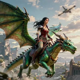 epic fantasy dungeons and dragons scene, female halfling rogue, riding on top of a green dragon, green dragon, waterdeep, black hair, rogue, fantasy, red leather corset, cinematic, beautiful lighting, heroic, digital art, sky, mountain