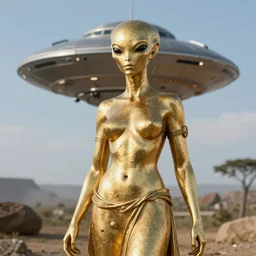 gold statue of a beautiful alien girl, UFO landing in the background, HD
