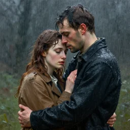 cgi, weary by jan van scorel, by ed mell constructivist. a beatiful painting of a man & woman embracing in the rain.