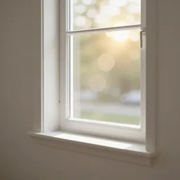 photo of interior design house, detail of a white window minimal style, sunday morning, sun, bokeh, flares, yellow light, professional photography