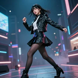 a dynamic, epic cinematic 8K HD movie shot of a japanese young J-Pop idol girl wearing leather jacket, miniskirt, nylon tights and high heels boots. Motion, VFX, Inspirational arthouse