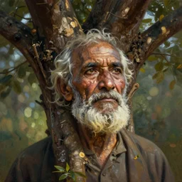 ayahuma tree with a face of an old man on its trunk, art by christophe vacher