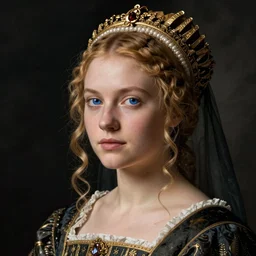 portrait of young woman in renaissance dress and renaissance headdress, blue eyes and blond hair, style by the caravaggio