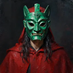 portrait of man, emerald ritual mask, red mantle, oil texture, dark, majestic, powerful, dnd artstyle, john howe, greg rutkowski