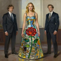 jennifer lawrence wearing a dress made from stained glass in the design of a rose. painting by artgerm and greg rutkowski and ilya kuvshinov