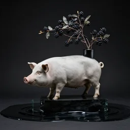 sculpture of a pig and blackberries, photorealistic, centred, ikebana vase, black background, obsidian, mounted on glass, black flood waters, zen, trending on artstation