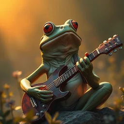 humanoid frog playing the guitar, greg rutkowski, rhads, ferdinand knab, makoto shinkai lois van baarle, ilya kuvshinov, rossdraws, tom bagshaw, global illumination, intricate, detailed, atmospheric lighting, golden hour