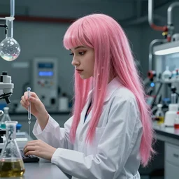 highly detailed, industrial photography, profile photo of adult princess bubblegum from adventure time, detailed and intricate environment, working in her science lab, wearing lab coat, long bubblegum hair, long straight bangs, confident, beautiful, attractive, illustration concept art by nicoletta ceccoli, mark ryden, lostfish, 8 k resolution, hyperrealistic, octane render