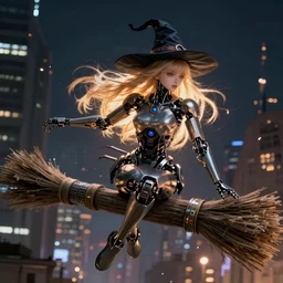 cyborg witch girl with robotic parts on flying broom in night city