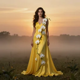 a beautiful yellow woman, symmetrical portrait, realistic, full body, white orchids, vine twist, 8 k, rich details, nuclear sunset, mist, volumetric lighting, by wlop