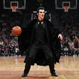 photograph of dracula playing basketball