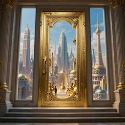 carved futuristic door at the end of ornate steps shows a large window to a city detailing the vast architectural scientific ancient and cultural acheivements of humankind, magical atmosphere, renato muccillo, andreas rocha, johanna rupprecht, beardsley, octane render, cinematic blue and gold