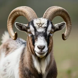 a realist color photograph portrait of a goat with large curly horns and a pentagram on its forehead
