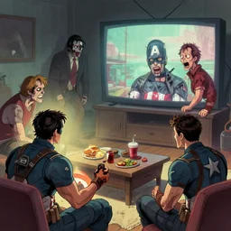 a zombie captain america watching tv, tristan eaton, victo ngai, artgerm, rhads, ross draws