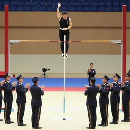 kim jong un pole vaulting over a bar while generals are applauding, aesthetic