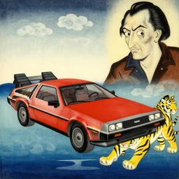a red delorean and a yellow tiger, painting by hsiao - ron cheng, utagawa kunisada & salvador dali, magazine collage style, clouds, ocean
