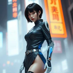 a digital concept art by artgerm, greg rutkowski and alphonse mucha. short black hair. clear portrait of an attractive japanese showgirl in hi - tech short cheongsam. a high set geometric tailoring uniform. cyber leg prosthesis!! white, grey blue and orange laser straps. metal belt. 8 k. hyper detailed