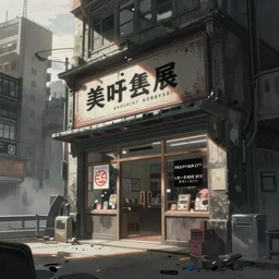 a city shop in the cyberpunk anime film, Shichiro Kobayashi, screenshot in the anime series ergo proxy and Detroit metal city, hazy and dreary
