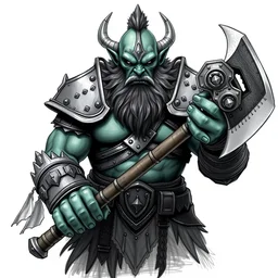 ogre warrior wearing plated armor who is holding a battle axe in the style of warhammer fantasy : : head and torso drawing