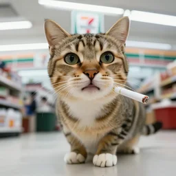 cat with a cigarette in its mouth in 7 - eleven wide angle lens