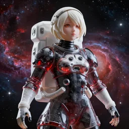 Glass statue of a hopeful pretty astronaut lady with a wavy blonde hair, 4k resolution, nier:automata inspired, bravely default inspired, vibrant but dreary but upflifting red, black and white color scheme!!! ((Space nebula background))