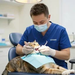A cat dentist treats a dog patient
