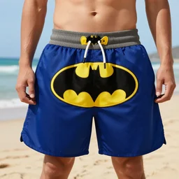 casual batman in shorts, at the beach