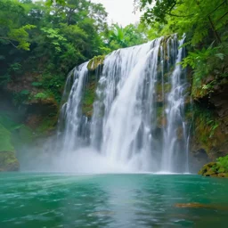 Waterfall in a beautiful, green, lush paradise, creating mist in the lake below, digital painting by Aivazovsky, 4k