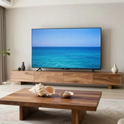 A modern living room inspired by the ocean, a luxurious wooden coffee table with large seashells on it, 100 inch television, amazing detail, 8k resolution, blue color, calm, relaxed style, harmony, wide angle shot