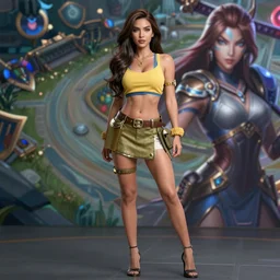 character sheet of Megan Fox dressed like Caitlyn in the game League of Legends, with a background based on the game League of Legends, unreal engine 5