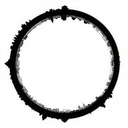 a perfect circle, around the outer edge of the circle is the silhouette of a city skyline, inside the circle is empty, black and white, minimalist, in the style of a line drawing